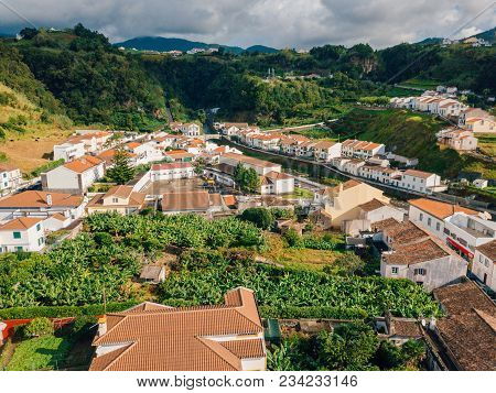 Aerial View On City Mosterios On Island Sao Miguel, The Azores. Beautiful Small Town In Portugal. Az