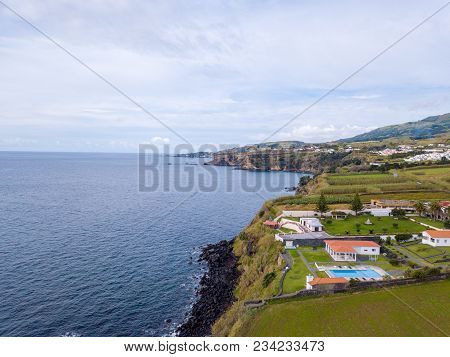 Aerial View On City Mosterios On Island Sao Miguel, The Azores. Beautiful Small Town In Portugal. Az