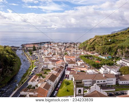 Aerial View On City Mosterios On Island Sao Miguel, The Azores. Beautiful Small Town In Portugal. Az