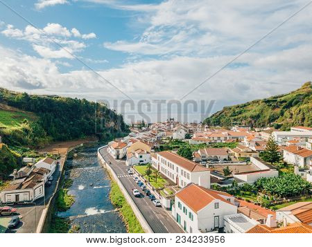 Aerial View On City Mosterios On Island Sao Miguel, The Azores. Beautiful Small Town In Portugal. Az