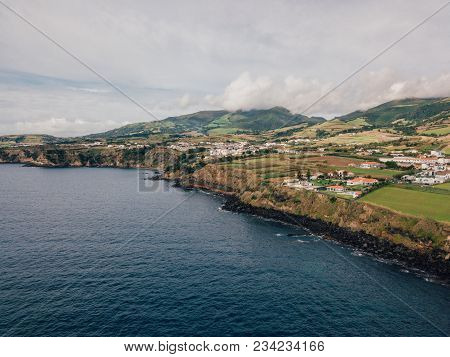 Aerial View On City Mosterios On Island Sao Miguel, The Azores. Beautiful Small Town In Portugal. Az