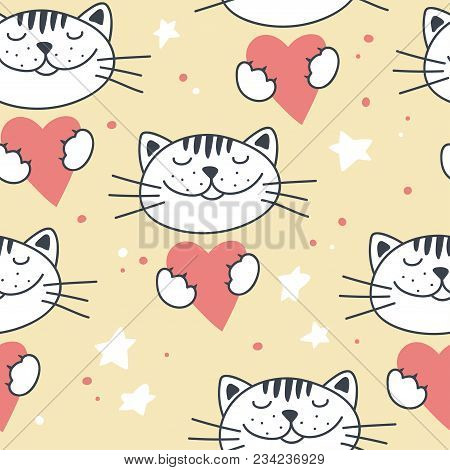 Seamless Pattern With Cute Cats And Hearts. Vector Pattern.