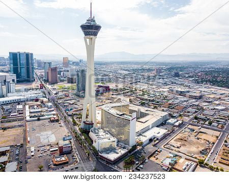 Las Vegas, Nevada, Usa - November 16, 2011: Looking Up At The 1,149 Ft Tall Stratosphere Tower Locat