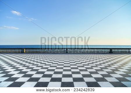 Mascagni Terrazza Terrace Belvedere Seafront And Harbour Entrance At Sunset. Livorno Tuscany Italy E