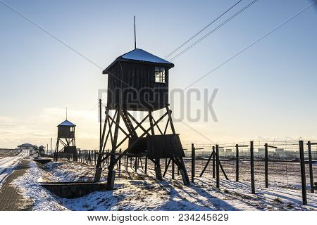 Lublin, Poland - January 17, 2018: Guard Towers In Majdanek Concentration Camp In Lublin, Poland