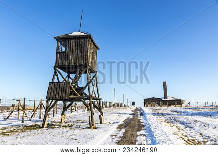 Lublin, Poland - January 17, 2018: Guard Towers In Majdanek Concentration Camp In Lublin, Poland