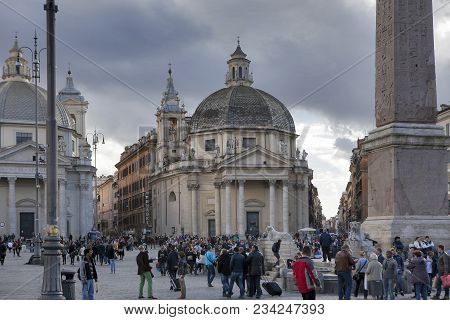 Rome, Italy - November 18, 2017 Obelisk In Piazza Del Popolo, . Egyptian Obelisk Stands In The Centr