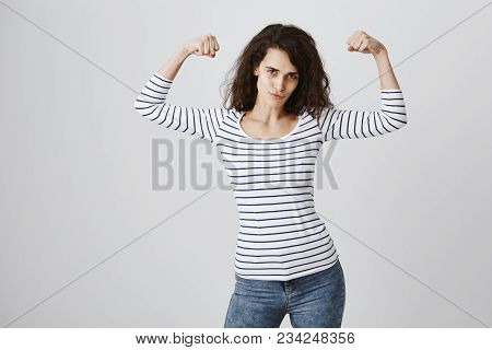 She Can Bit Your Boyfriend. Portrait Of Good-looking Curly-haired Woman With Confident Attitude Show