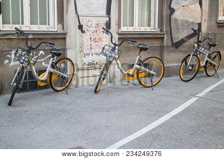 O-bike Bicycle-sharing System In Vienna, 3 Bikes Parked On Sidewalk, Vienna Austria 2-04-2018