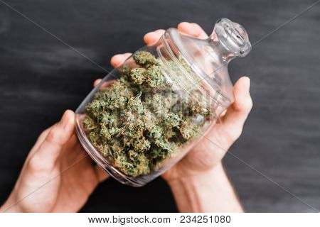 A Can With Buds Of Cannabis In The Hands Of A Man. The Concept Of Legal Marijuana Is Medical Weed. O