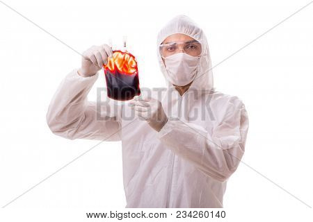 Epidemiologist with blood sample isolated on white background