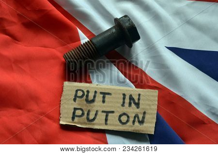ILLUSTRATIVE EDITORIAL. The scandal about poisoning of former spy Sergei Skripal. Concept. British Flag background.March 24, 2018 in Kiev,Ukraine
