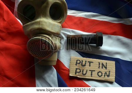 ILLUSTRATIVE EDITORIAL. The scandal about poisoning of former spy Sergei Skripal. Concept. British Flag background.March 24, 2018 in Kiev,Ukraine