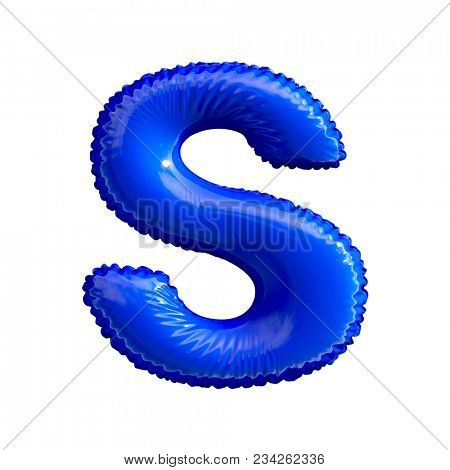 Blue letter S made of inflatable balloon isolated on white background. 3d rendering