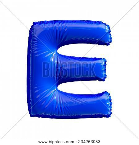 Blue letter E made of inflatable balloon isolated on white background. 3d rendering