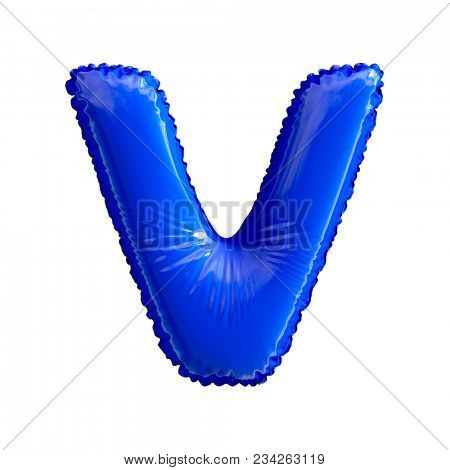 Blue letter V made of inflatable balloon isolated on white background. 3d rendering