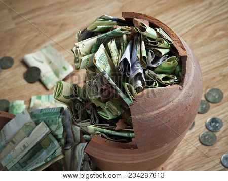 Money Box With Banknotes & Coins