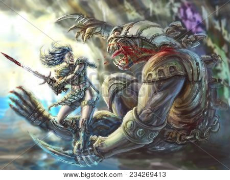 Amazon Warrior With A Sword Against A Demon In A Cave. Colorful Picture In The Genre Of Fantasy.