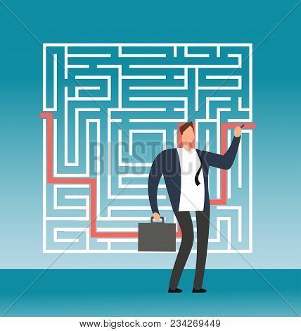 Businessman Drawing Right Path To Success In Complex Maze, Labyrinth. Simple Solution Creative Vecto