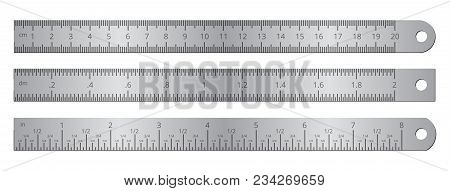 Metallic School Rulers With Inch And Centimeter Measuring Scale Vector Illustration Isolated On Whit