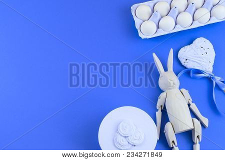 Easter Accessories For Ultraviolet Background. Easter Bunny Vintage Heart Set Of Eggs In A Box. Flat