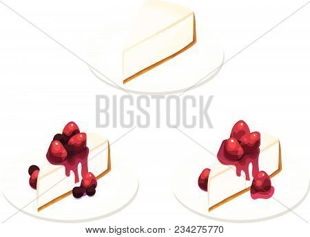 Isolated Vector Illustrations Of Various Slices Of Cheesecake, One Plain, One Topped With Mixed Berr