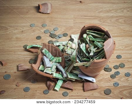 Money Box With Banknotes & Coins