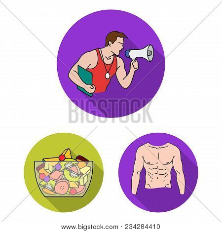 Fitness And Attributes Flat Icons In Set Collection For Design. Fitness Equipment Vector Symbol Stoc
