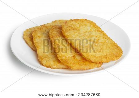 Potato Patties Or Hash Browns, Front To Back Focus, Isolated On White, Clipping Path Around Plate.