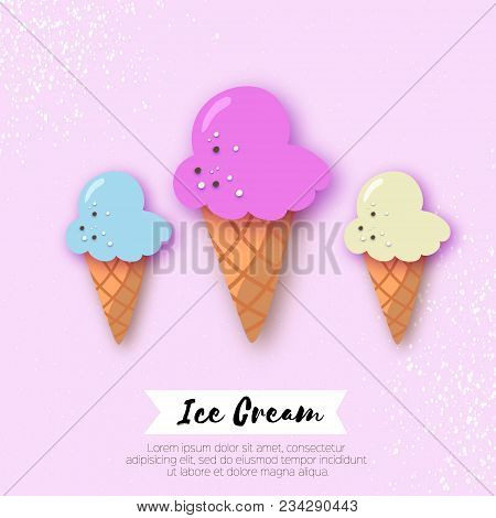 Ice-cream Cones In Paper Cut Style. Origami Melting Ice Cream On Pink. Vector