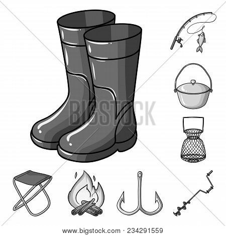 Fishing And Rest Monochrome Icons In Set Collection For Design. Tackle For Fishing Vector Symbol Sto