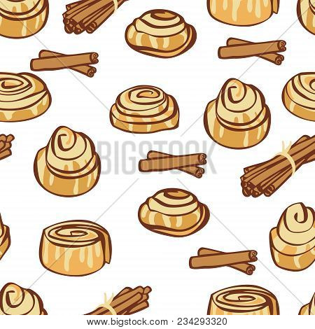 Food Collection Delicious Cinnamon Buns And Cinnamon Sticks Seamless Pattern Set
