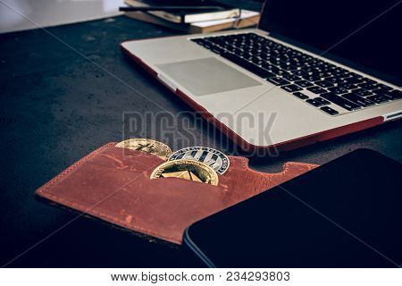 The Golden Bitcoin, Mobile Phone, Keyboard, Credit Card. Cryptocurrency Bitcoin Coins. Litecoin, Bit