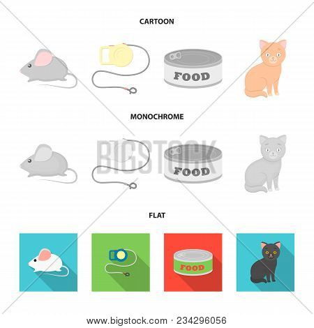 Mouse, Pet Leash, Pet Food, Kitten. Cat Set Collection Icons In Cartoon, Flat, Monochrome Style Vect