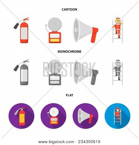Fire Extinguisher, Alarm, Megaphone, Fireman On The Stairs. Fire Departmentset Set Collection Icons 