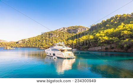 Boat Sailing In Mediterranean Sea Marmaris, Turkey.