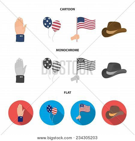 Balloons, National Flag, Cowboy Hat, Palm Hand.patriot Day Set Collection Icons In Cartoon, Flat, Mo