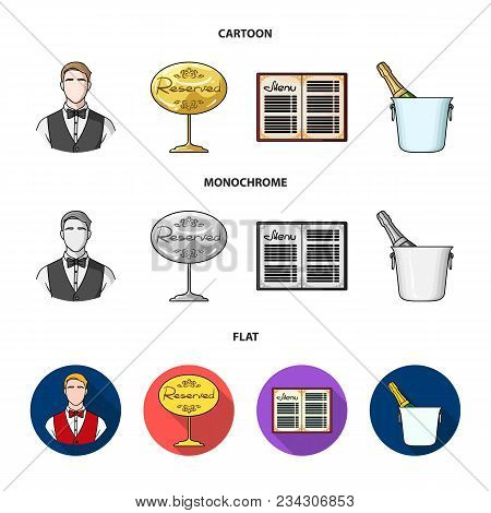 Waiter, Reserve Sign, Menu, Champagne In An Ice Bucket.restaurant Set Collection Icons In Cartoon, F