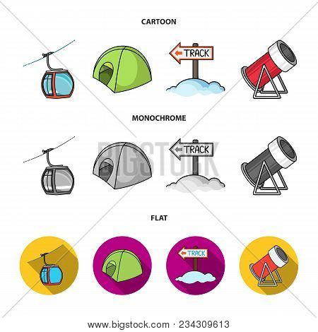 Funicular, Tent, Road Sign, Snow Cannon. Ski Resort Set Collection Icons In Cartoon, Flat, Monochrom