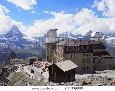 Swiss Alps Landscapes With Matterhorn Mount In Switzerland With Kulm Hotel Observatory At 3, 120 Met