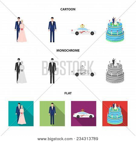 Wedding And Attributes Cartoon , Flat, Outline, Black Icons In Set Collection For Design.newlyweds A