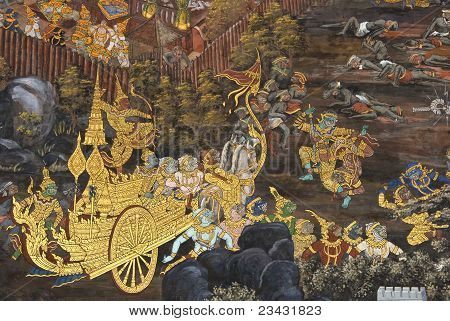 Tajski Malarstwo ścienne na ścianie, Wat Phra Kaew w Bangkoku