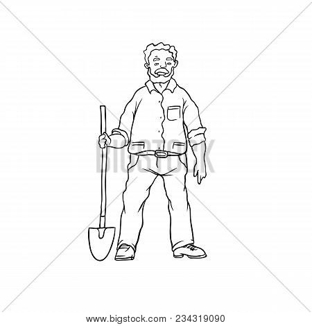 Vector Sketch Oldster Farmer Or Gardener. Man Worker With Shovel. Drawn Contour Cartoon Character Pe