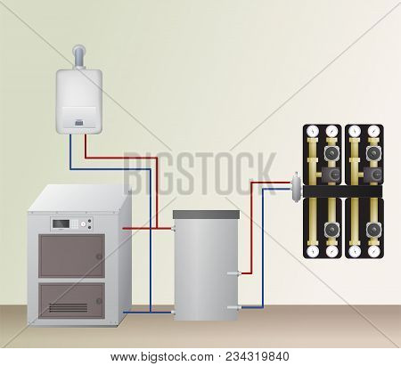Solid And Gas Fuel Boiler With Accumulator Tank In The Heating System. Vector Illustration. Hvac Equ