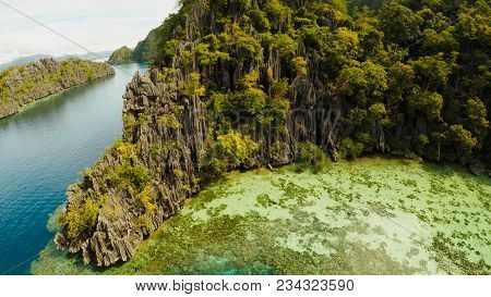 Coron, Palawan, Philippines, Aerial View Of Beautiful Twin Lagoon And Limestone Cliffs Fisheye View.