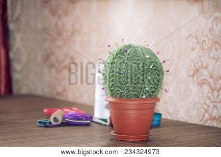 Cactus As A Handmade Needle Bed On A Brown Background