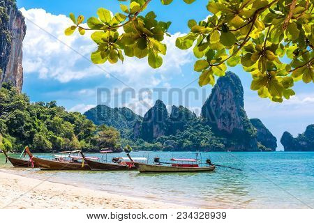 Long Tail Boat On Tropical Railay Beach, Aonang, Krabi, Thailand