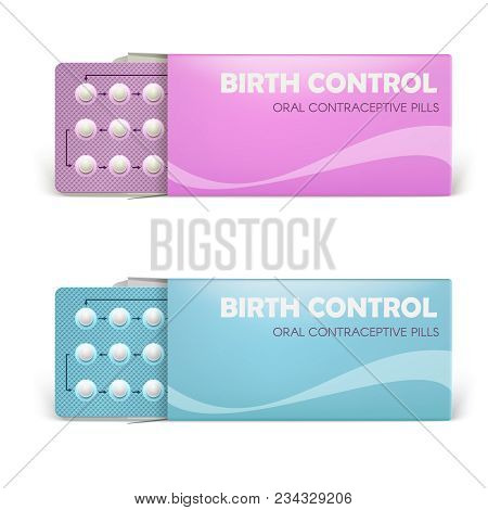 Realistic Vector Female Oral Contraceptive Pills Blister With Clipping Path On White Background. Wom