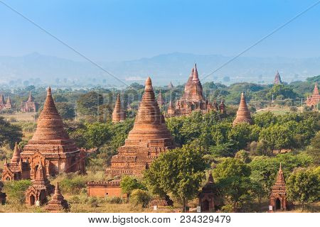 Myanmar. View From Top To Amazing Landscape Of Old Bagan Temples At Archaelogical Zone.