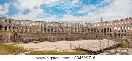 Croatia. Panoramic View Inside Of Great Amphitheatre, Pula Arena In Historic Center Of Pula City.